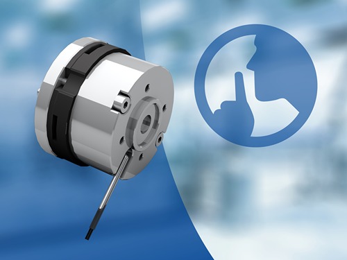 Electromagnetic industrial brake with sensor cable, visualized with a signal icon to indicate monitoring or status feedback.